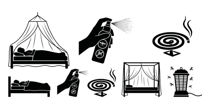 Mosquito control protection icons set featuring nets repellent coil trap bed canopy silhouette prevention safety insect bite defense