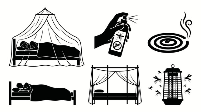 Mosquito control protection icons set featuring nets repellent coil trap bed canopy silhouette prevention safety insect bite defense