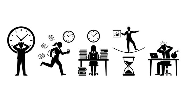 Stress time management icons set featuring workload deadlines financial pressure frustration anxiety running late clock hourglass silhouette workplace