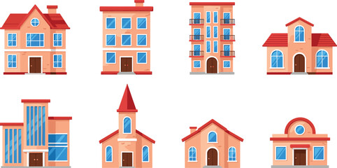 Fototapeta premium Residential Building Collection Set Featuring Houses Apartments Commercial Properties and Urban Architecture for Real Estate Illustrations