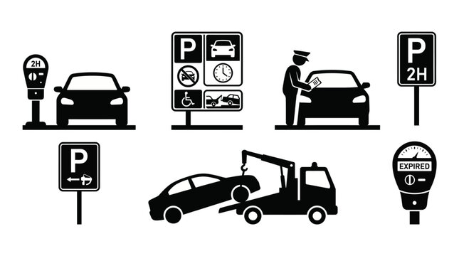 Parking enforcement vector silhouettes showing cars at meters, restriction signs, tickets, towing, handicapped spaces, and urban parking management scenes