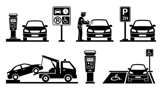 Parking enforcement vector silhouettes showing cars at meters, restriction signs, tickets, towing, handicapped spaces, and urban parking management scenes