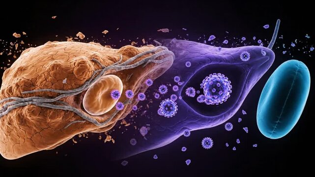 Hepatitis B Viral Persistence And Cirrhosis Animation Showing Nodular Liver Fibrosis And Microscopic Virion Budding With Copy Space