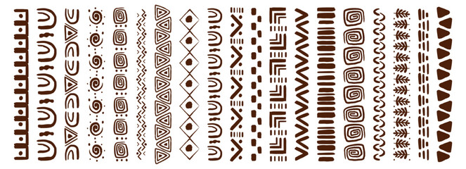 Obraz premium Tribal African folk border, decorative ethnic motif hand drawn doodle set. Tribal geometric design. Aztec art dividers, trendy boho separators.