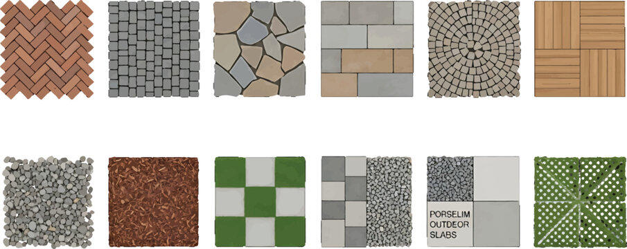 Set of outdoor flooring textures including stone pavers, wood decking, gravel, and grass tiles for landscape design