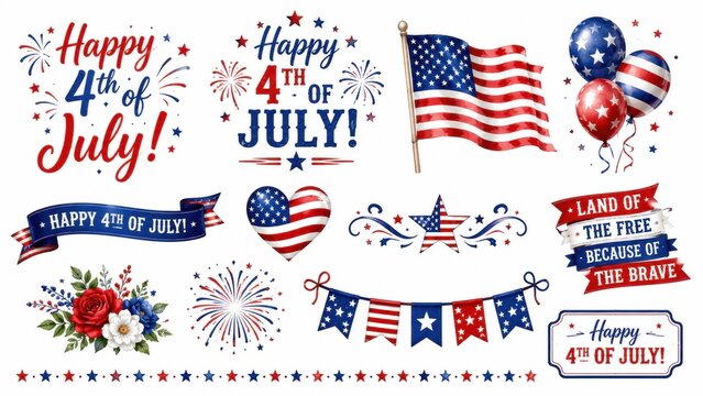 Patriotic 4th of July watercolor elements set, American independence day illustrations, red white and blue holiday graphics with flags and fireworks