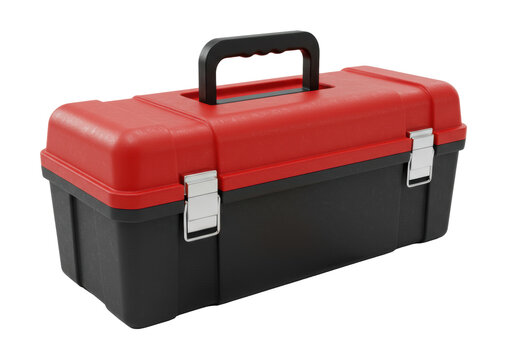A black and red professional tool box with a wrench and screwdriver on a transparent background with copy space. Professional home repair concept.