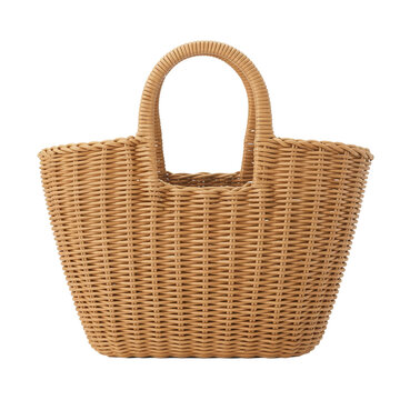 Woven rattan basket bag with handles for summer beach shopping isolated on transparent background