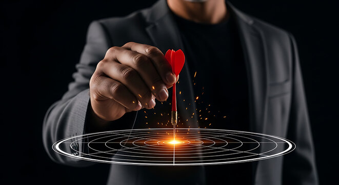 A person holding a red dart aimed at a circular target with glowing concentric rings darts targets bullseye