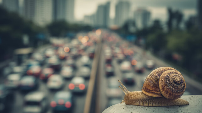 Snail on bridge railing with busy highway traffic and city skyline in background, slow pace concept.