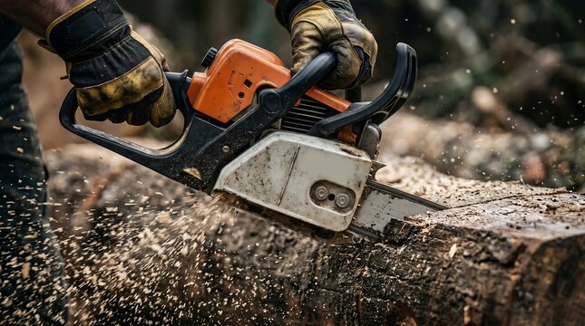 Gloved hands firmly operating powerful orange chainsaw cutting thick log with flying wood chips during intense forestry lumberjack work.