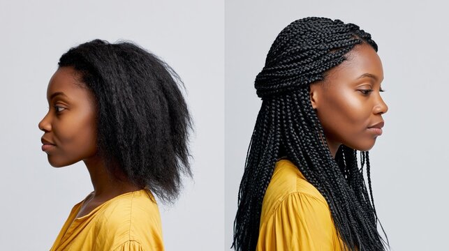 Knotless braids hairstyle makeover before and after profile portrait of a woman