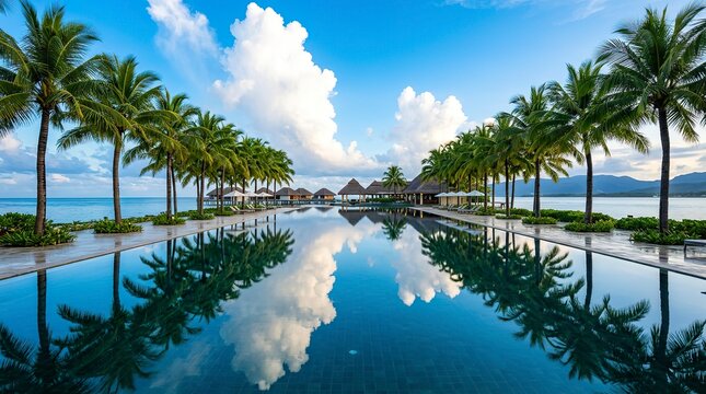 Luxury resort infinity pool with palm trees and ocean view at sunset.