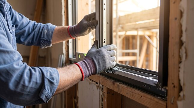 Skilled construction worker wearing gloves carefully installing and adjusting modern window frame during house renovation at building site