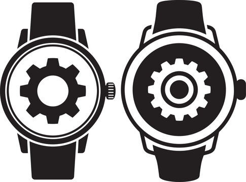 Two watch faces with gears, detailed black and white icons