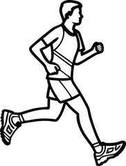 Obraz premium Minimalist running man line art vector, male athlete jogging in profile, black and white sports silhouette for fitness and marathon branding