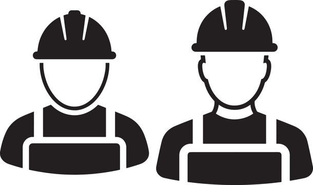 Worker silhouette with hard hat icon and overalls