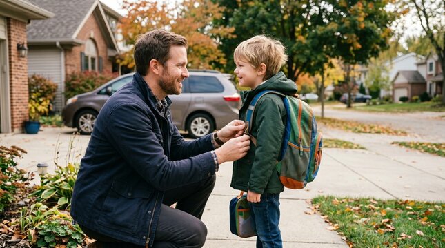 Father helps son with backpack for school in autumn neighborhood