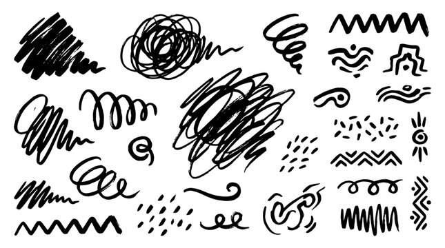 Hand drawn abstract black ink scribbles and decorative elements