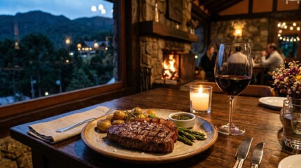 Fototapeta premium Cozy restaurant dinner with steak and wine by fireplace overlooking mountains