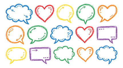 Obraz premium Colorful crayon speech bubble and heart doodle set
