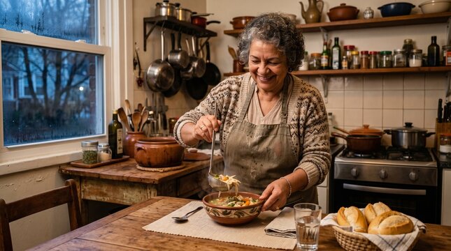 Grandmother Lovingly Cooking in Cozy Kitchen