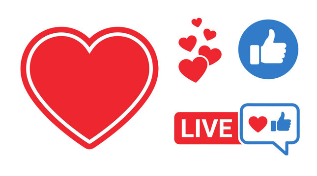 Set of heart and thumbs up icons with live chat symbols