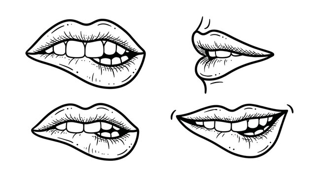 Hand drawn outline collection of beautiful female mouth biting lower lip showing white teeth vector illustration set of attractive woman lips in black and white sketch style.