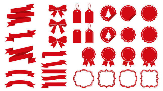 Red ribbon, bow, tag and badge icon set on white background