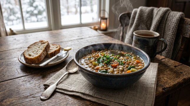 Hearty Lentil Soup with Bread and Tea on a Winter Day