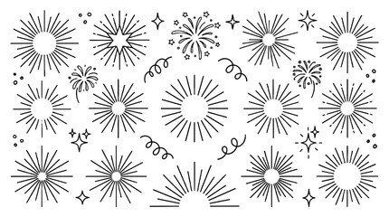 Obraz premium Hand drawn sunburst and sparkle doodle set in black outline