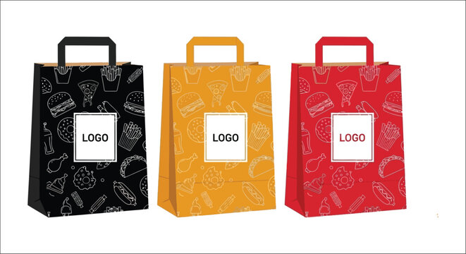 Paper carry bags with fast food pattern mockup design in three colors