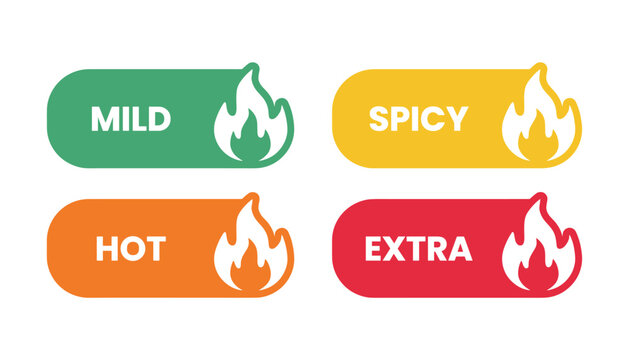 Spice Level Indicators. Four rounded rectangular labels displaying different spice heat levels: Mild (green), Spicy (yellow), Hot (orange), and Extra (red).