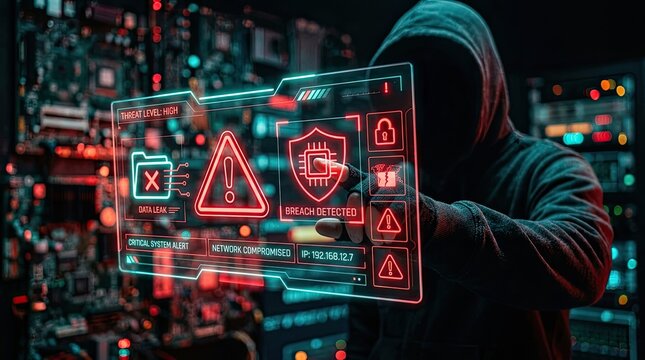 Cybersecurity threat hooded hacker with digital security breach interface