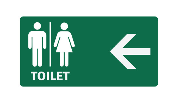 Toilet Sign with Arrow. A clear green sign indicates a public restroom with gender-neutral pictogram icons for male and female, accompanied by a white arrow pointing left.