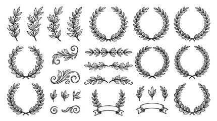 Fototapeta premium Set of hand drawn laurel wreaths and floral ornament dividers