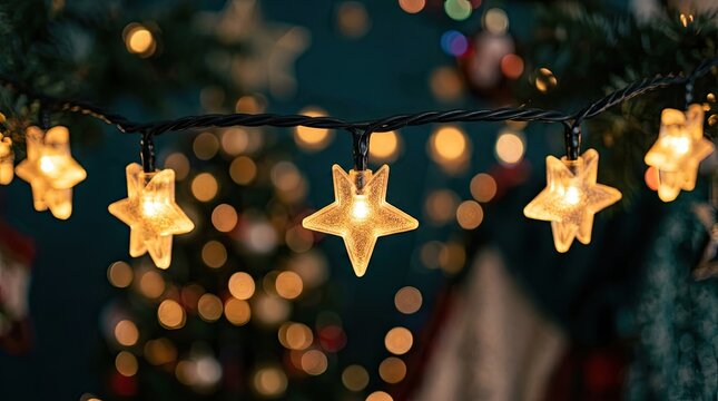Illuminated star string lights on evergreen branches festive holiday decor