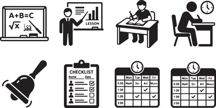 School Timetable Lesson and Classroom Management Icon Set.