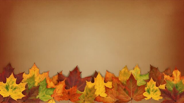 Vibrant autumn maple leaves animation forming a decorative bottom border on a soft brown background video
