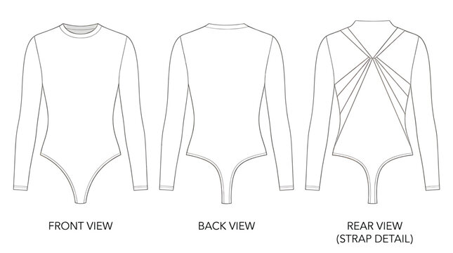 Technical sketch of a longsleeved bodysuit with a crew neck and a complex strappy open back design, front, back, and rear strap detail views, fashion flat template