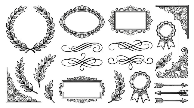 Ornamental vector set with wreaths frames swirls and arrows