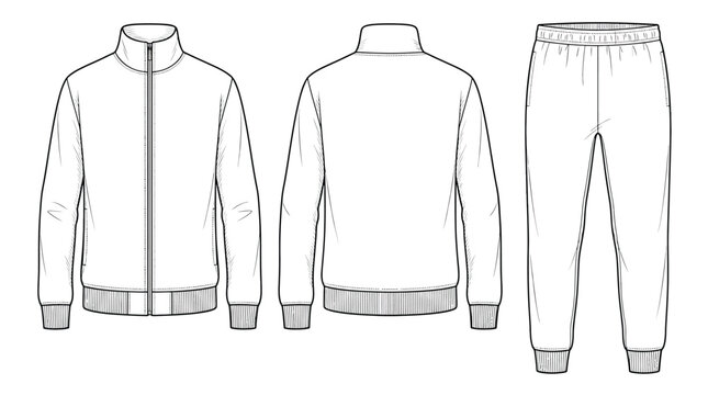 Tracksuit technical fashion illustration vector template mens activewear zipup jacket and sweatpants flat sketch front and back view of sports jacket and joggers