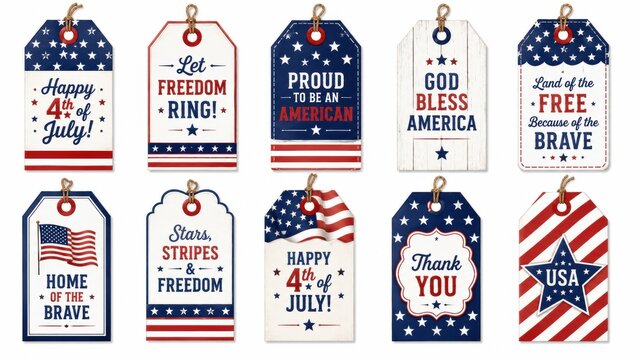 Patriotic 4th of July gift tags, set of 10 American flag paper labels, red white and blue Independence Day hanging tags for party favors and gifts