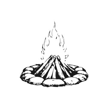 Simple hand drawn campfire flame sketch, engraved outdoor bonfire illustration, travel camsite tourism clip art