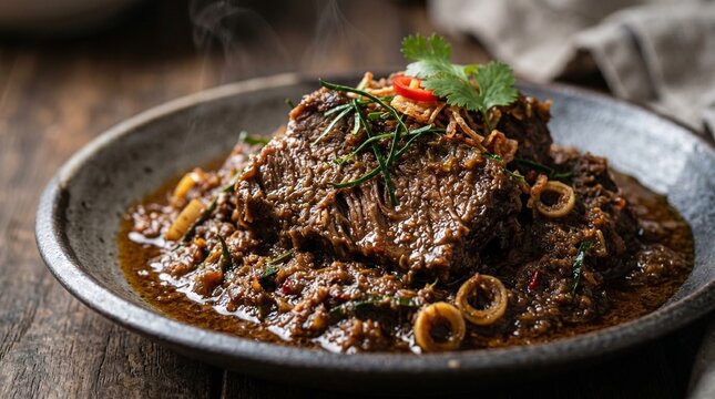 Detailed close-up of authentic rendang beef showcasing rich spices and texture. Perfect for food advertising, menus, and culinary publications.