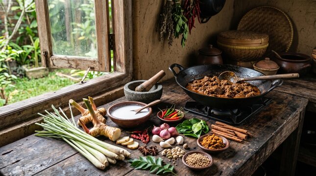 Authentic rendang surrounded by traditional Indonesian ingredients. Ideal for recipe content, culinary education, food blogs, and restaurant branding.
