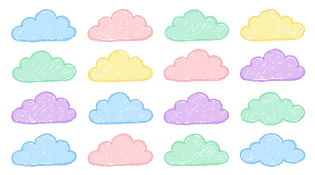 Set of pastel hand drawn fluffy clouds on white background