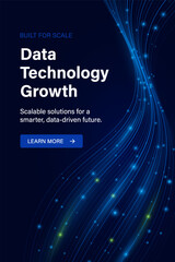 Big Data Technology Growth Poster With Blue Flowing Network Lines And AI Driven Digital Lights