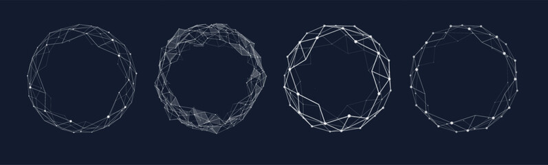 Abstract Circular Polygonal Network Frames With Dots And Connected Lines On Dark Blue Technology Background © ket4up