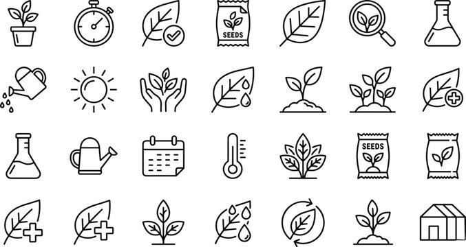 Gardening and Plant Growth Line Icon Set with Sprouts Seeds Watering Can Laboratory Flask Greenhouse and Leaf Symbols for Agriculture Web Interfaces